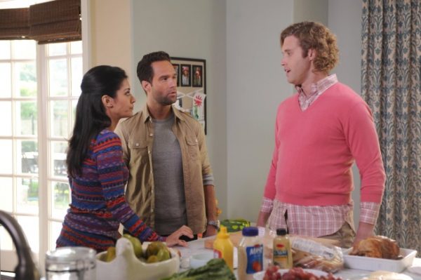 THE GOODWIN GAMES: Jimmy (T.J. Miller, R) tries to make amends with his daughter Piper's mom (guest star Janina Gavankar, L) and her husband Chad (guest star Chris Diamantopoulos, C) in the "Birds of Granby" episode of THE GOODWIN GAMES airing Monday, June 17 (8:30-9:00 PM ET/PT) on FOX. ©2013 Fox Broadcasting Co. Cr: Ray Mickshaw/FOX