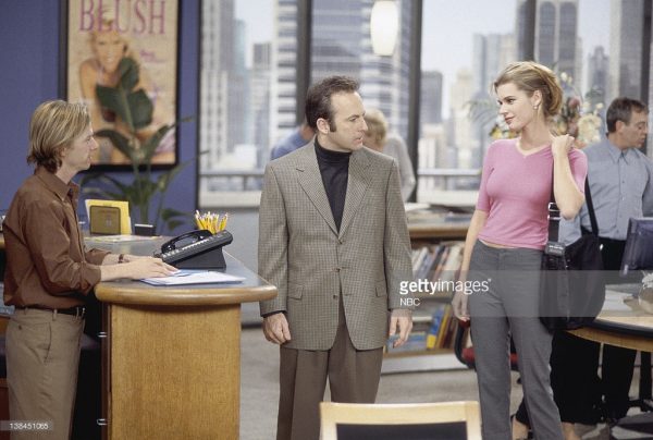 JUST SHOOT ME! -- "The Odd Couple Pt. 1" Episode 24 -- Aired 5/25/99 -- Pictured: (l-r) David Spade as Dennis Finch, Bob Odenkirk as Barry, Rebecca Romijn as Adrienne Barker -- Photo by: Chris Haston/NBCU Photo Bank